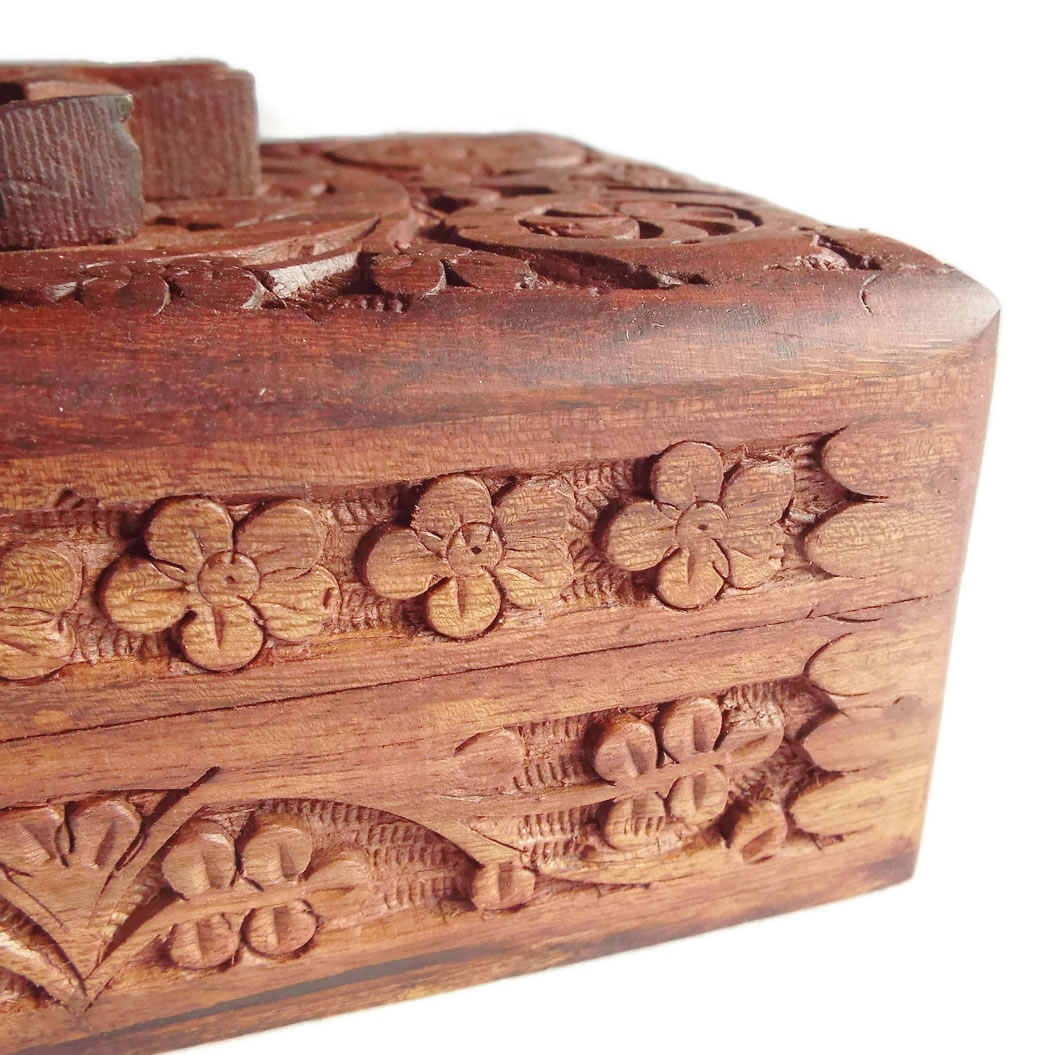 Carved Wooden Box with Moon and Stare Side View