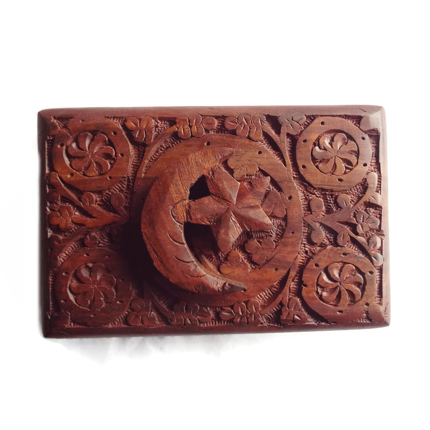 Carved Wooden Box with Moon and Star Top View