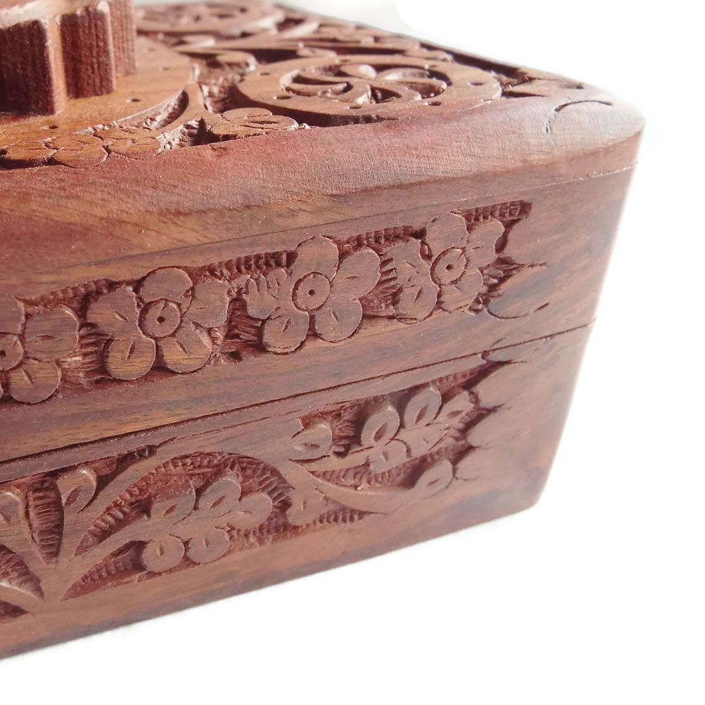 Carved Wooden Box with Sun Face Side View