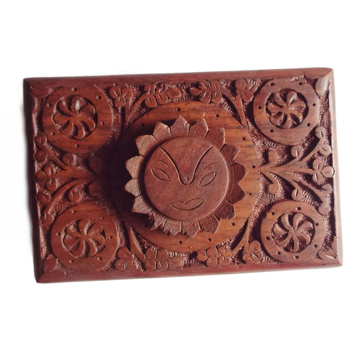 Carved Wooden Box with Sun Face Top View
