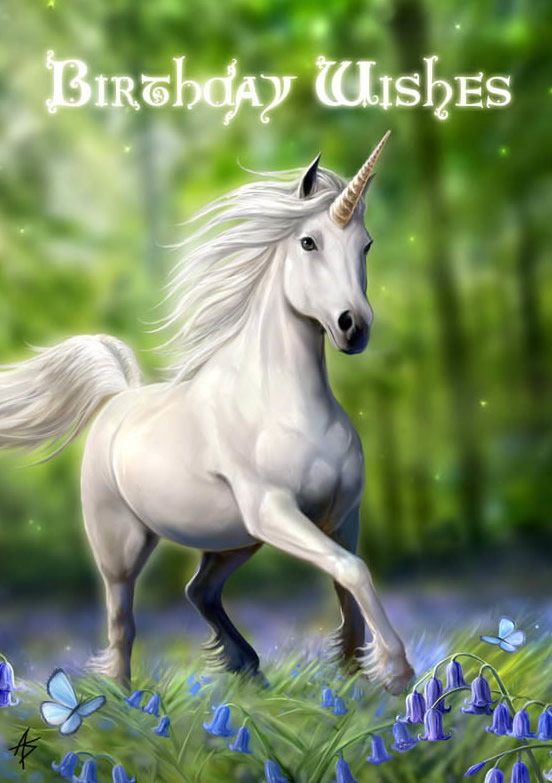 Anne Stokes Bluebell Unicorn Birthday Card