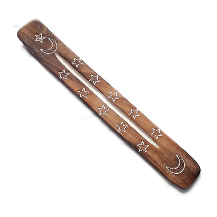 Straight Wooden White Wash Incense Holder with Crescent Moon