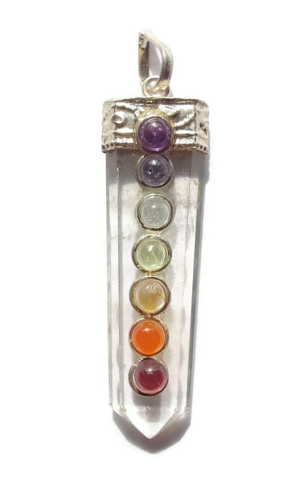 Quartz Point with Chakra Gemstones Silver Pendant