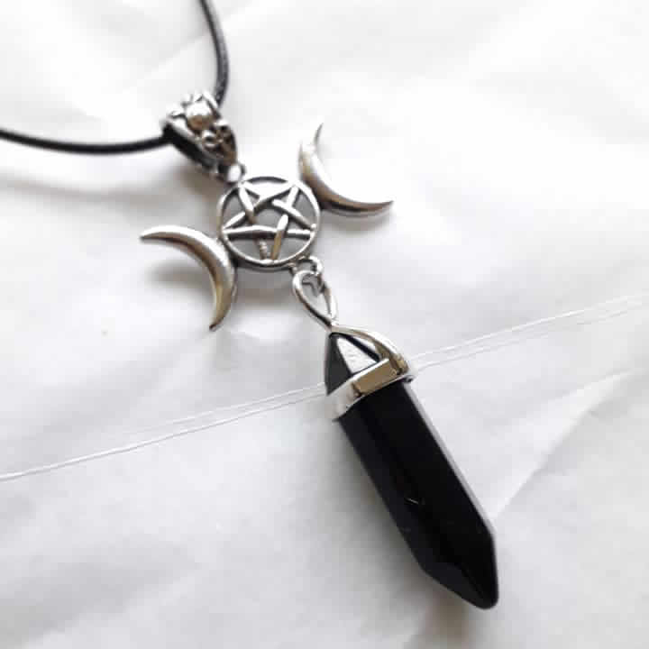 Black Obsidian Crystal Triple Moon Necklace