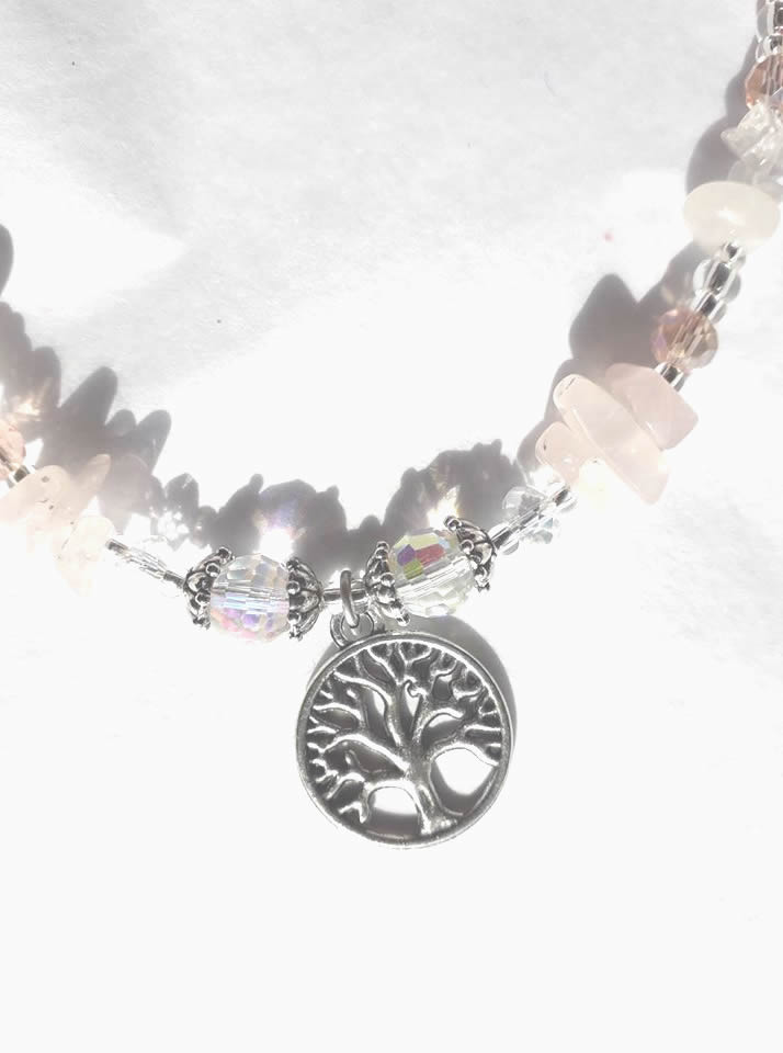 Rose Quartz and Pink Agate Tree Of Life Necklace