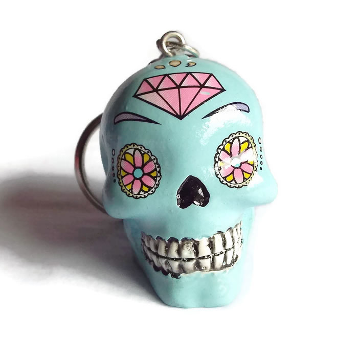 Blue Day of the Dead Sugar Skull Key Ring