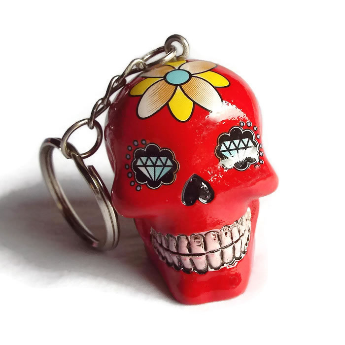 Red Day of the Dead Sugar Skull Key Ring