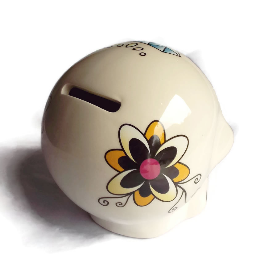 White Ceramic Day of the Dead Sugar Skull Money Box Back View