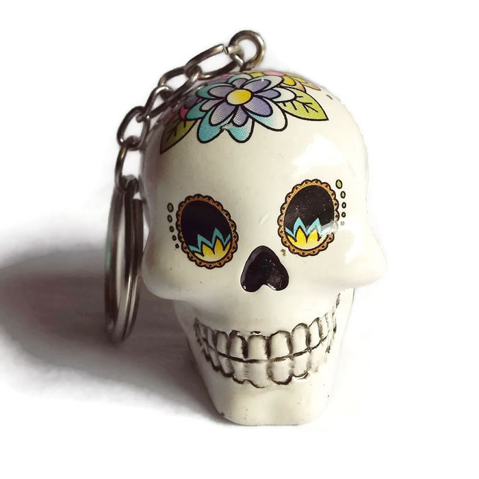 White Day of the Dead Sugar Skull Key Ring